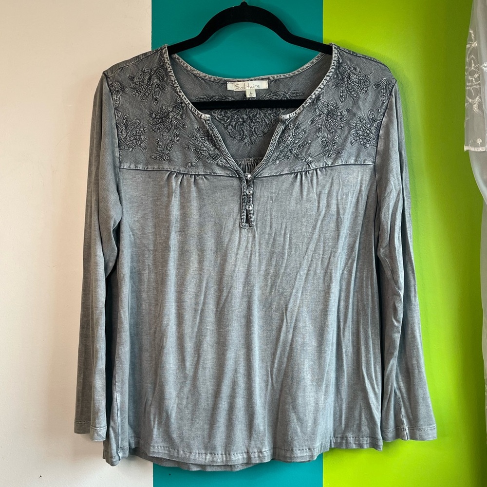 Solitaire Charcoal Embroidered Boho Long Sleeve Top